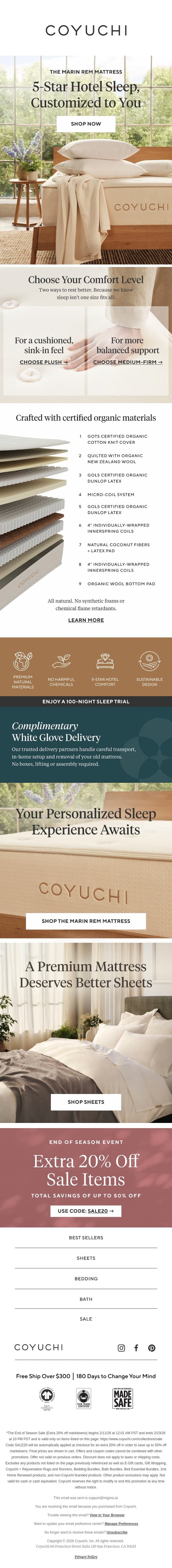 Finally: A Mattress Customized to Your Sleep email from Coyuchi screenshot