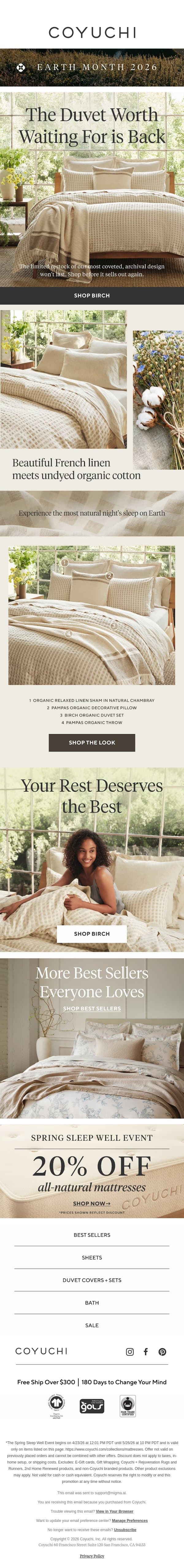Restock Alert: Our Best-Selling Duvet is Back email from Coyuchi screenshot