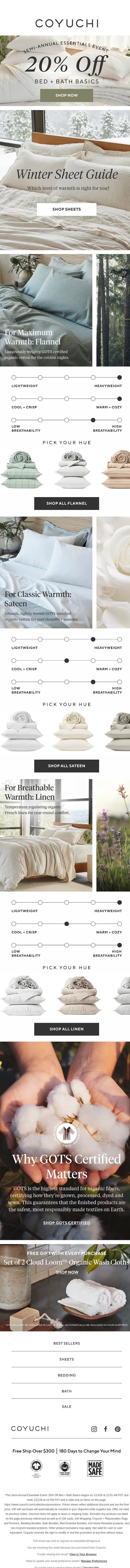 Winter Sheet Guide: Which is Right for You? email from Coyuchi screenshot