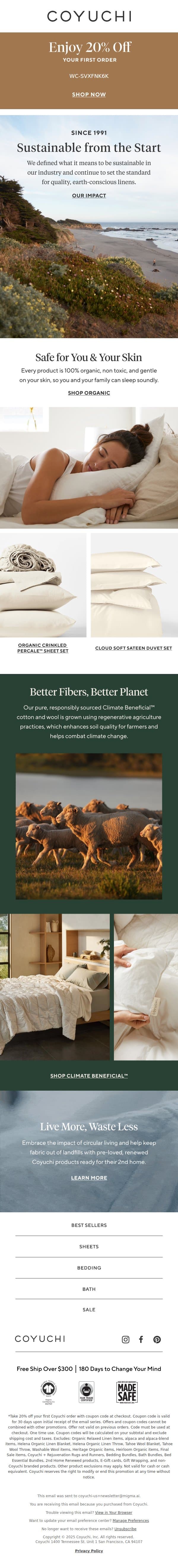 Get 20% Off + Make the Sustainable Choice email from Coyuchi screenshot