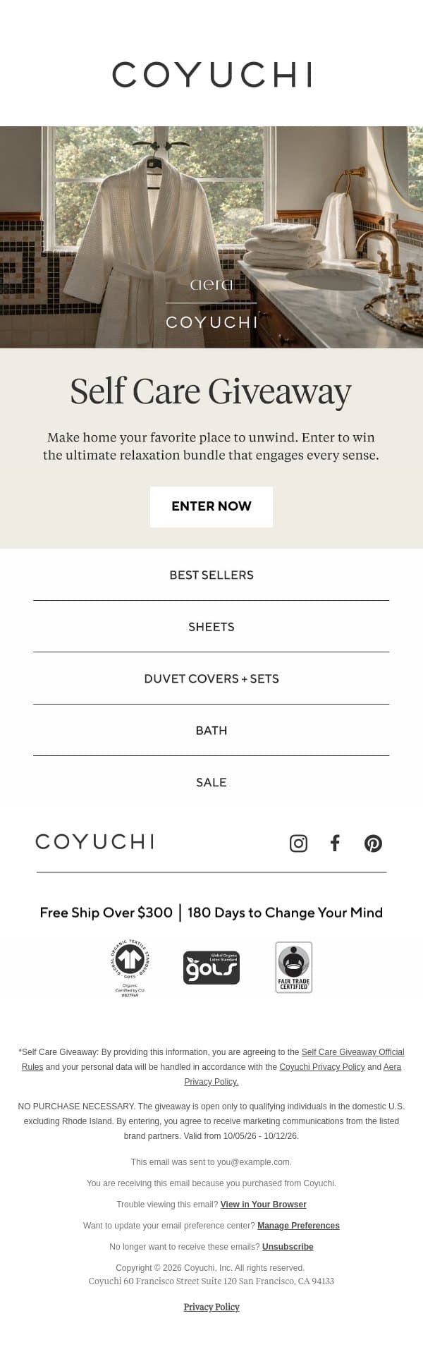 Win the Ultimate Self Care Prize Package! 🛁 email from Coyuchi screenshot