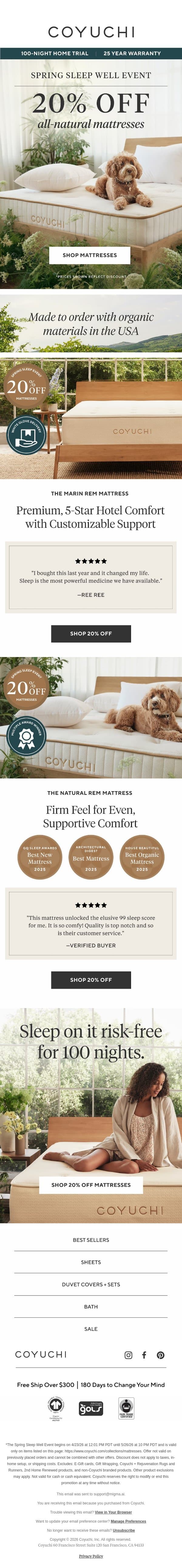 20% Off the Mattress That "Changed My Life" email from Coyuchi screenshot