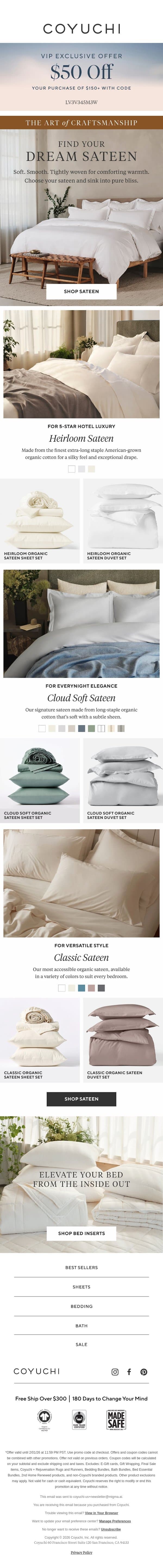 Your Dream Sateen Sheets + $50 Off Inside email from Coyuchi screenshot