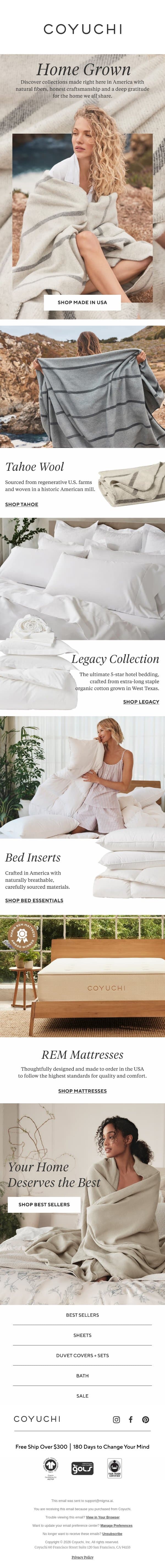 The Best in American-Made Bedding email from Coyuchi screenshot