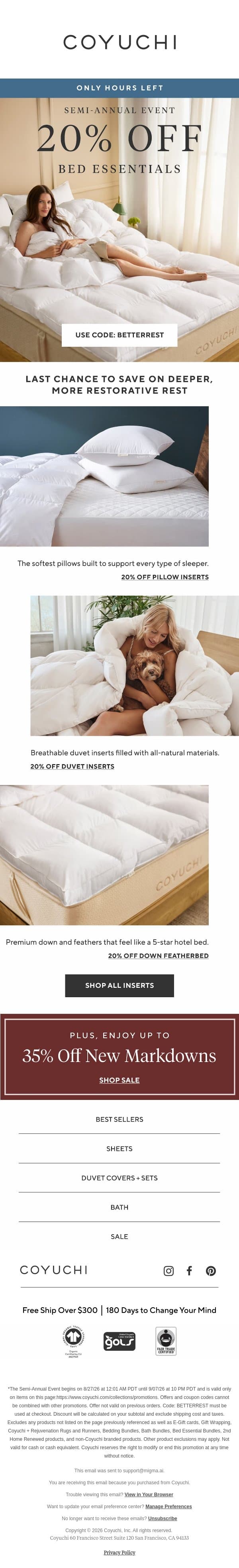 20% OFF FINAL HOURS: Build Your Dream Bed email from Coyuchi screenshot