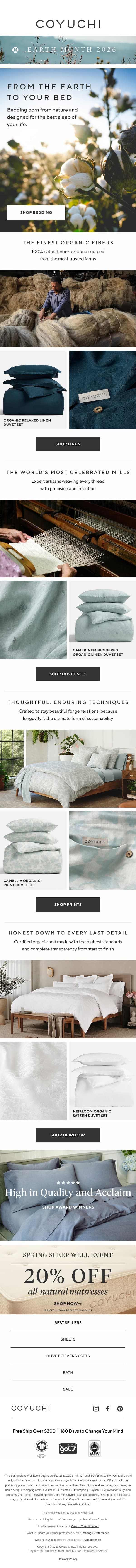 Born From Nature, For Your Best Sleep Ever email from Coyuchi screenshot