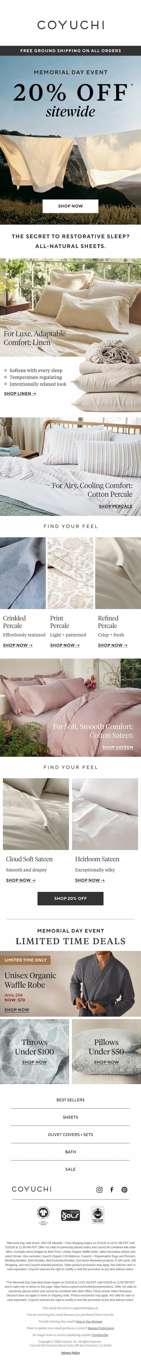20% Off All Cooling, Breathable Cotton Sheets email from Coyuchi screenshot