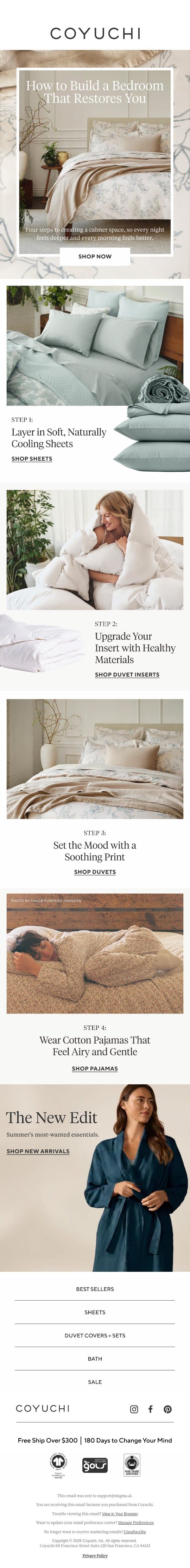 4 Steps to Building a Restorative Bedroom email from Coyuchi screenshot