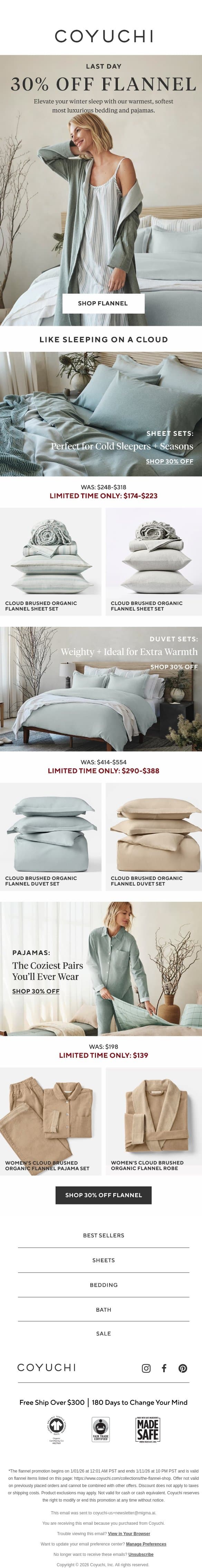 Last Chance for Cozy Savings: 30% Off Flannel email from Coyuchi screenshot