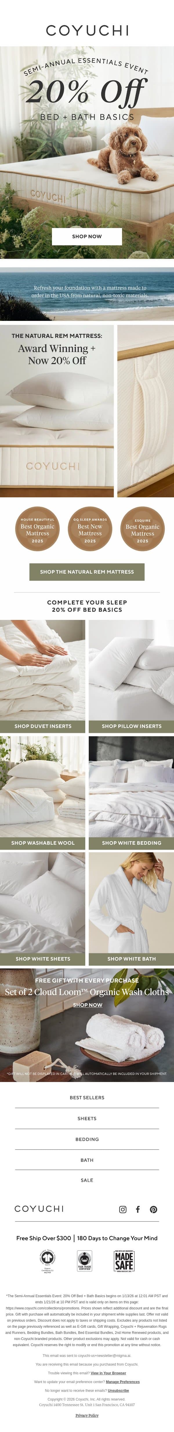Rare Deal: 20% Off Our Award-Winning Mattress email from Coyuchi screenshot
