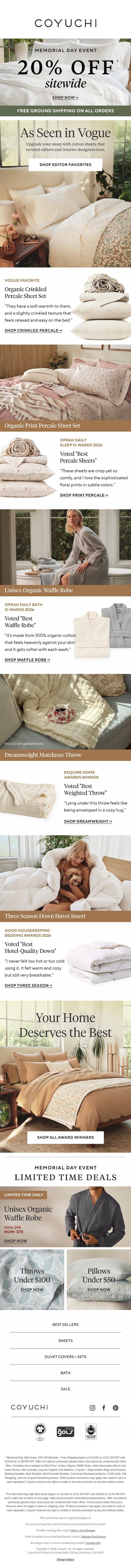 Vogue Loves These Sheets. You Will Too. email from Coyuchi screenshot