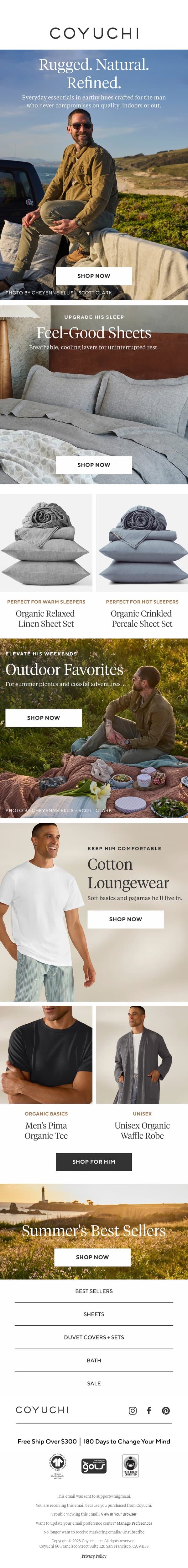 Rugged Meets Refined: Essentials for Him email from Coyuchi screenshot