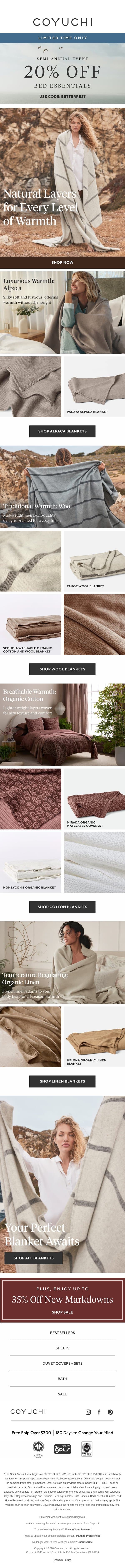 Luxurious, Warm, 100% Natural: New Blankets email from Coyuchi screenshot