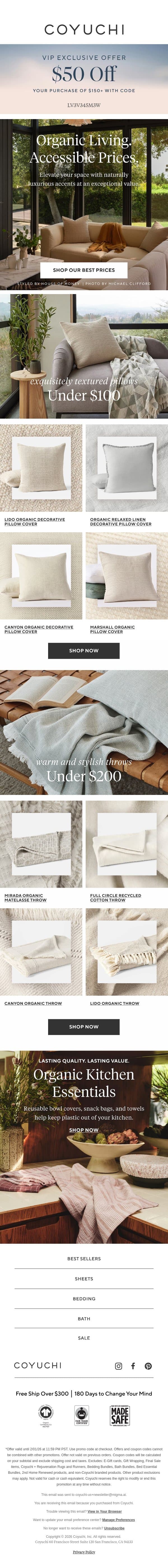 Luxe Quality, Exceptional Value: Pillows + Throws email from Coyuchi screenshot