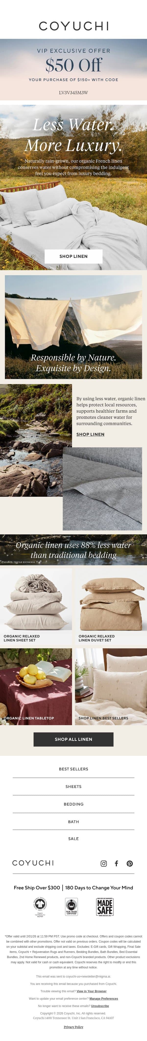 Luxury Bedding That Saves Water? Count Us In. email from Coyuchi screenshot