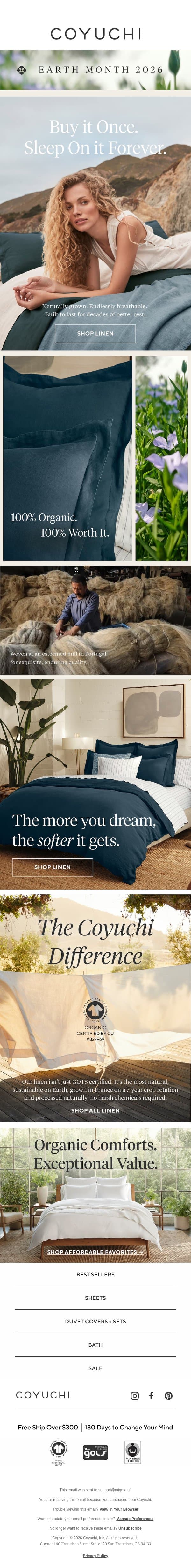 French Linen: 100% Organic. 100% Worth It. email from Coyuchi screenshot