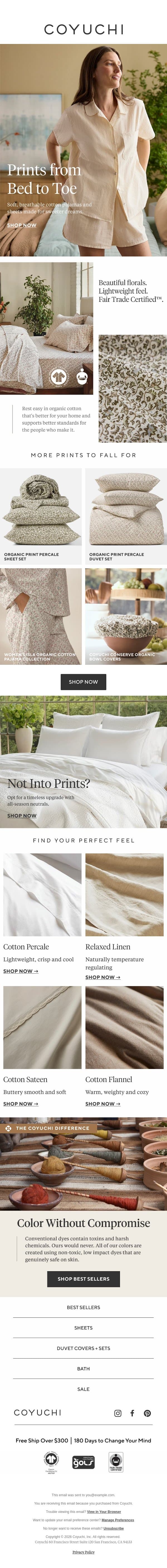 From Bed to Toe: Printed Pajamas + Sheets email from Coyuchi screenshot