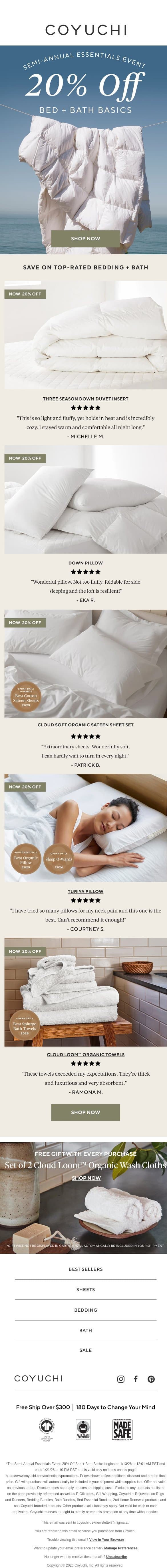 20% Off Our Top-Rated Bedding (Really) email from Coyuchi screenshot