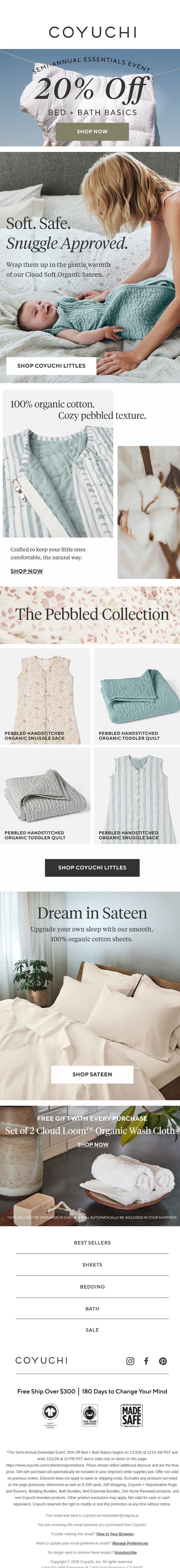 Snuggle Approved: All-Natural Baby Essentials email from Coyuchi screenshot