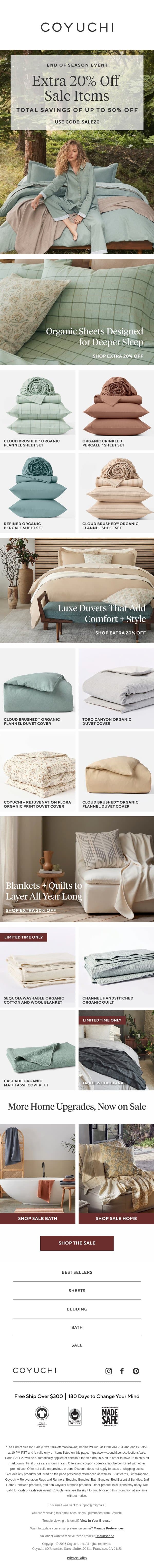Up to 50% Off. Limited Time Only. Don't Wait! email from Coyuchi screenshot