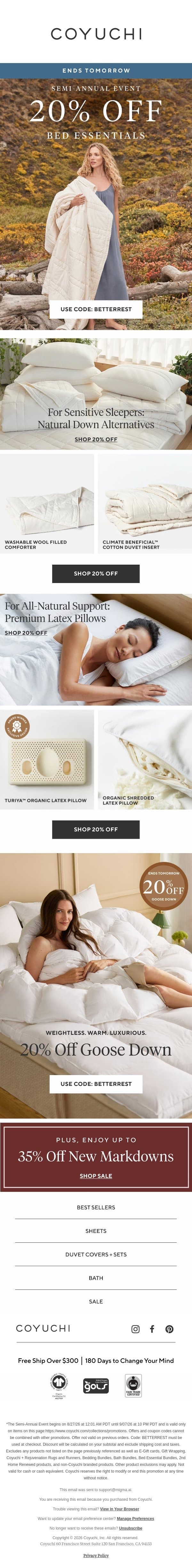 20% Off Bed Essentials ENDS TOMORROW! email from Coyuchi screenshot