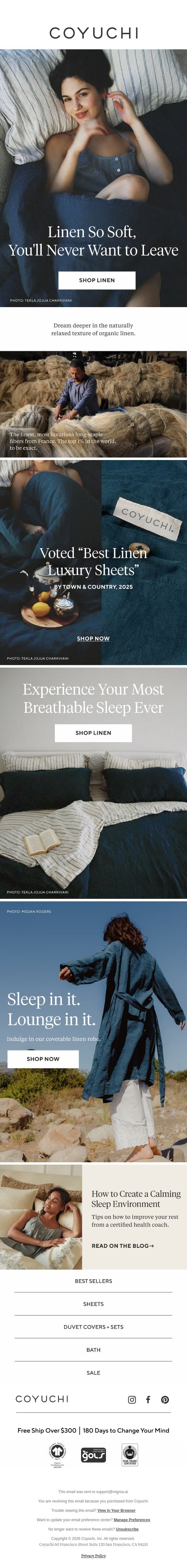 You'll Want to Stay in This Linen Bed All Day email from Coyuchi screenshot