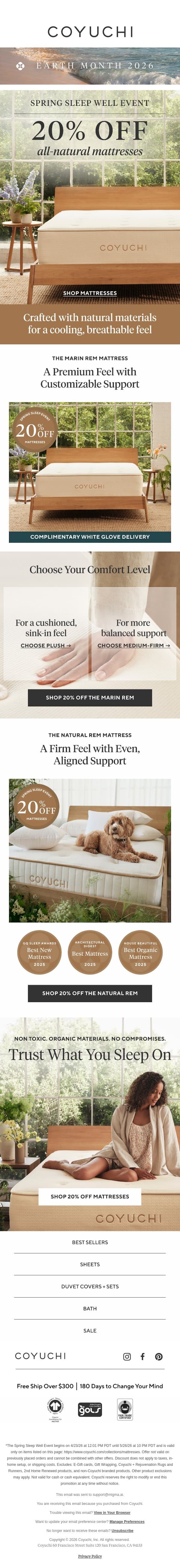 This is Big: 20% Off Award-Winning Mattresses email from Coyuchi screenshot