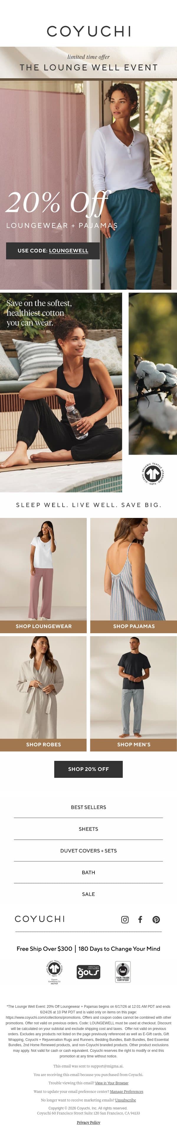 NOW: 20% Off the Softest Pajamas + Loungewear email from Coyuchi screenshot