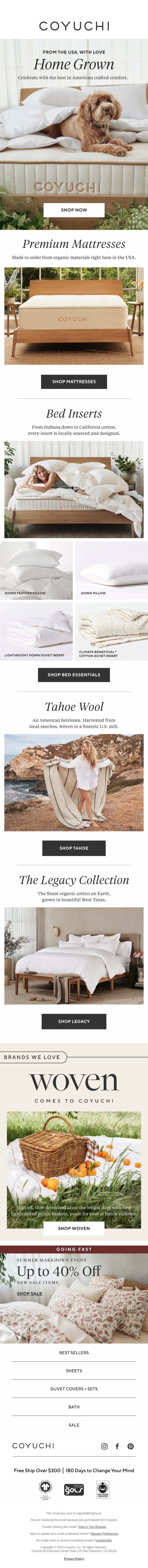 Bedding That's Grown + Made in the USA 🇺🇸 email from Coyuchi screenshot