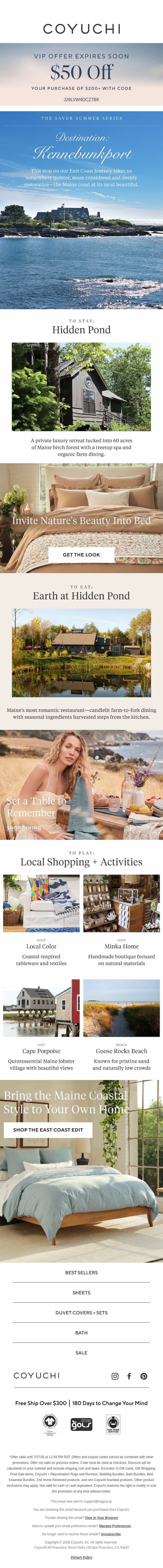 Your Sign to Book a Restorative Summer Getaway email from Coyuchi screenshot
