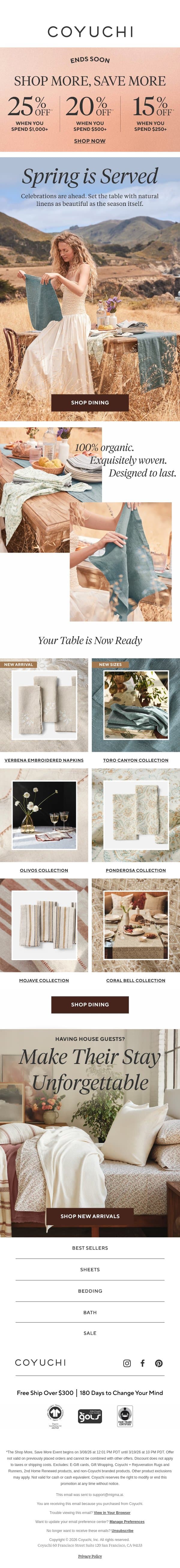 Now Serving: Spring Newness + 25% Off Ends Soon email from Coyuchi screenshot