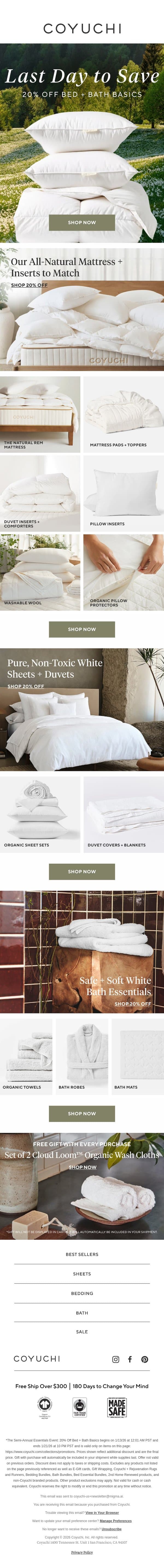 LAST DAY: 20% Off Bed + Bath Basics email from Coyuchi screenshot
