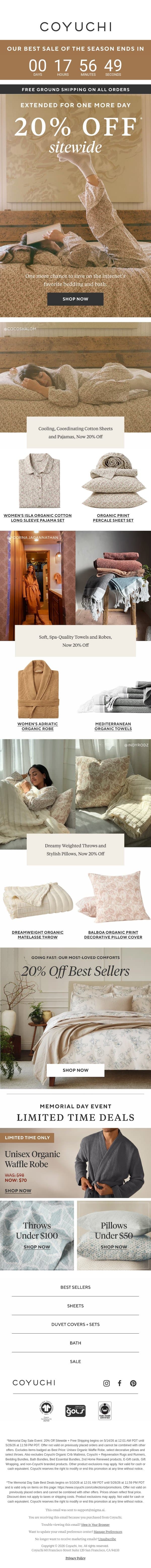 SALE EXTENDED: 20% Off For One More Day email from Coyuchi screenshot