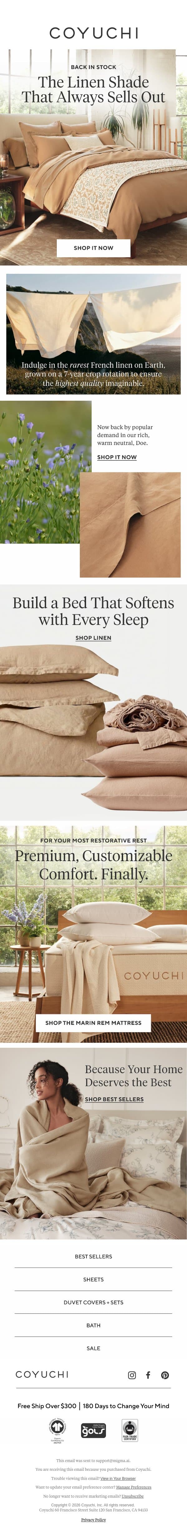 Back in Stock: Our Most-Loved Linen Shade (Ever) email from Coyuchi screenshot