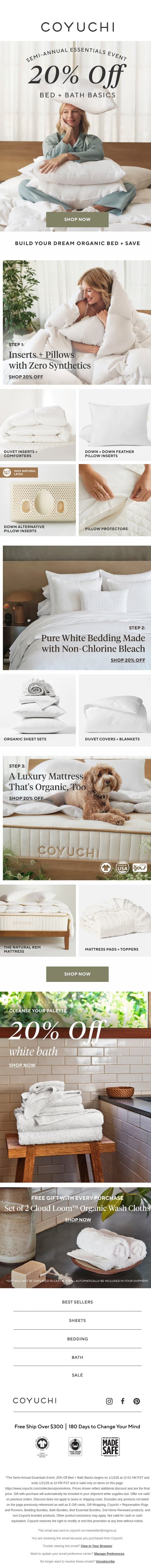 ☁️ Enjoy 20% Off Your Dream Organic Bed email from Coyuchi screenshot