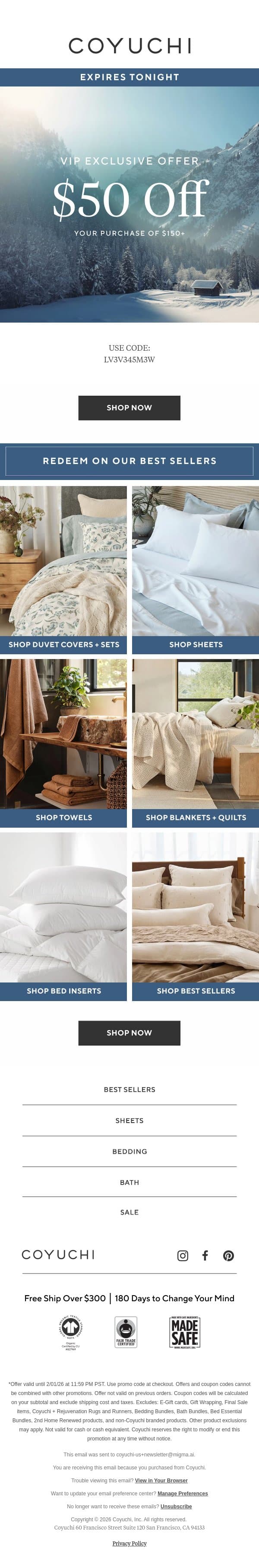 Expires Tonight: $50 Off Your Purchase! email from Coyuchi screenshot