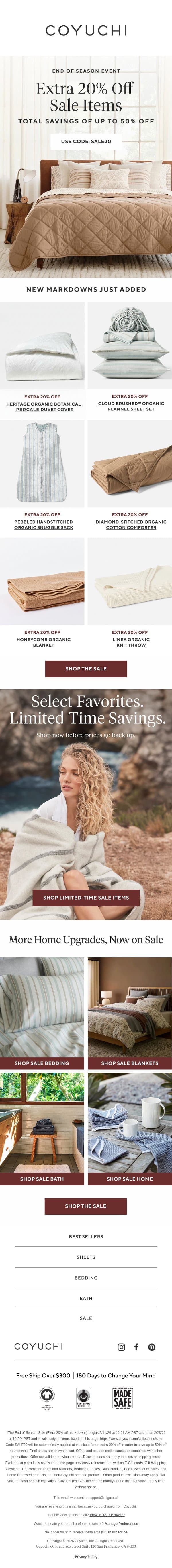 New Markdowns Just Added: Extra 20% Off! email from Coyuchi screenshot