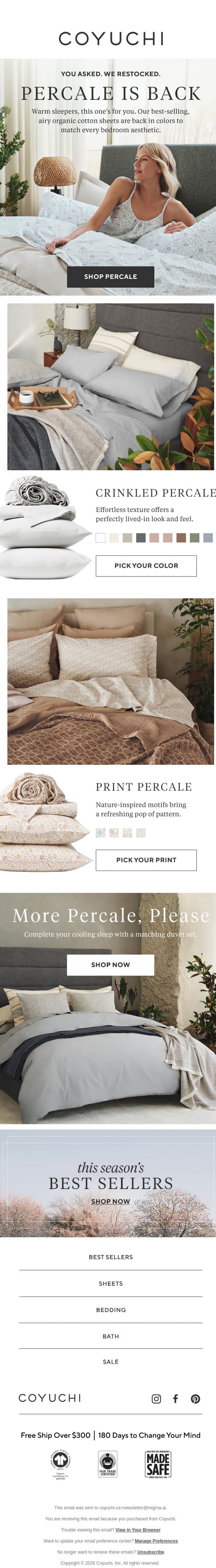 Our Best-Selling Sheets Have (Finally) Returned email from Coyuchi screenshot