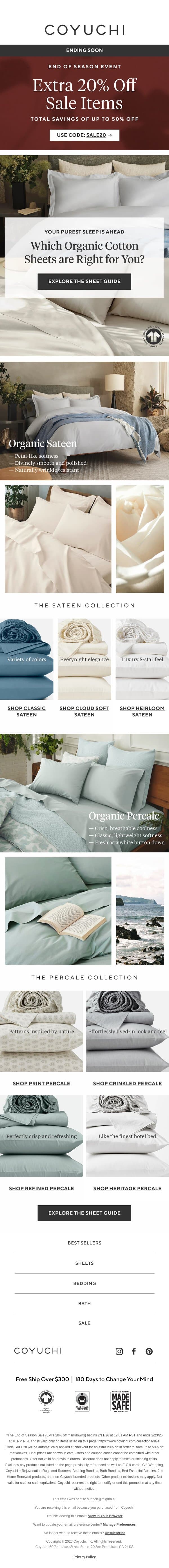 Find Your Perfect Sheets + Up to 50% Off email from Coyuchi screenshot