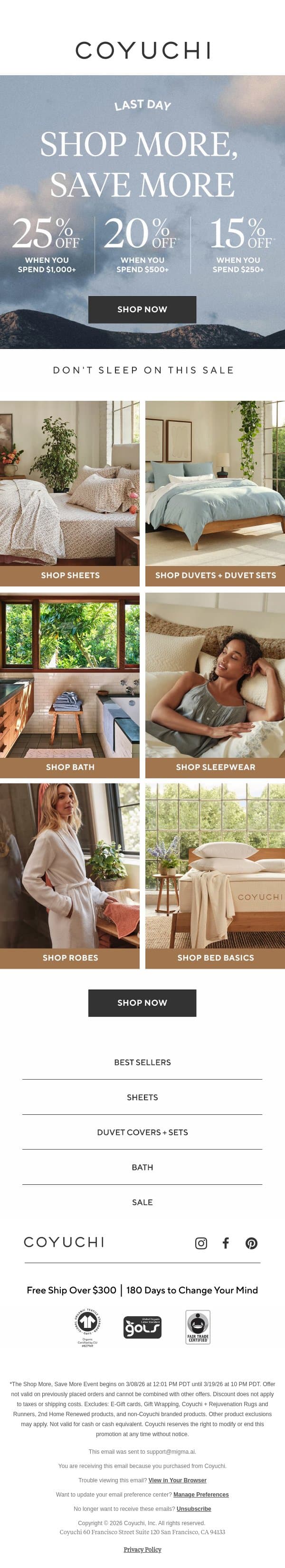 LAST DAY: Up to 25% Off Your Home Upgrade email from Coyuchi screenshot