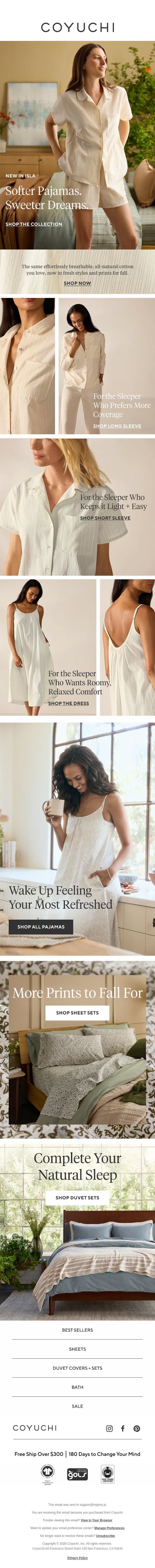 New In: Pajamas That Dreams Are Made Of email from Coyuchi screenshot