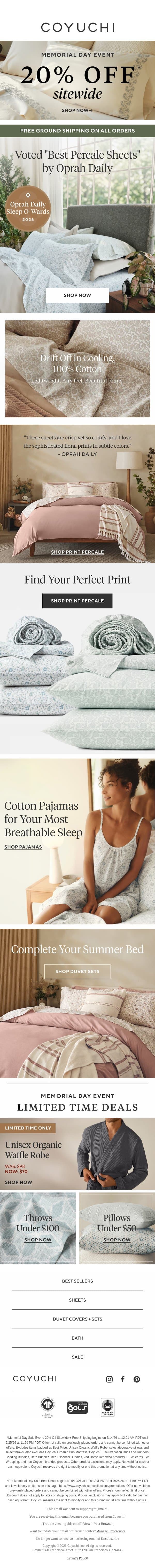 20% Off Oprah Daily’s Favorite Sheets email from Coyuchi screenshot