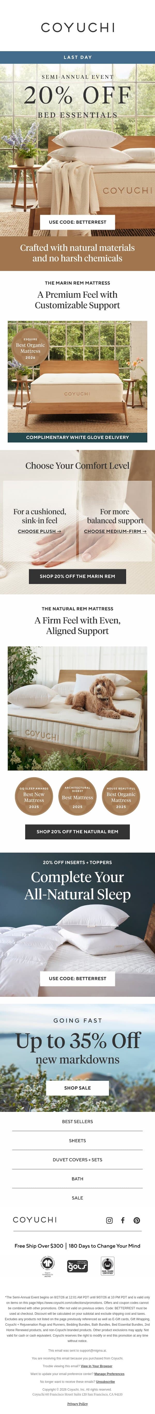 LAST DAY: 20% Off Deeper, More Natural Sleep email from Coyuchi screenshot