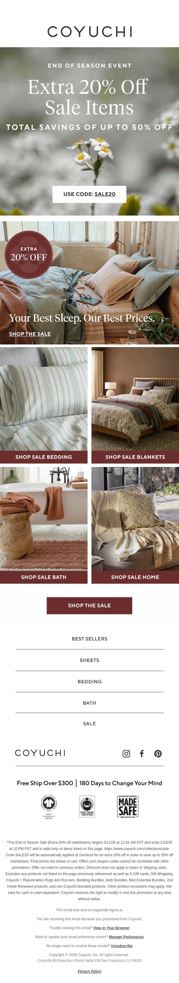 STARTS NOW: Up to 50% Off Your Home Refresh email from Coyuchi screenshot