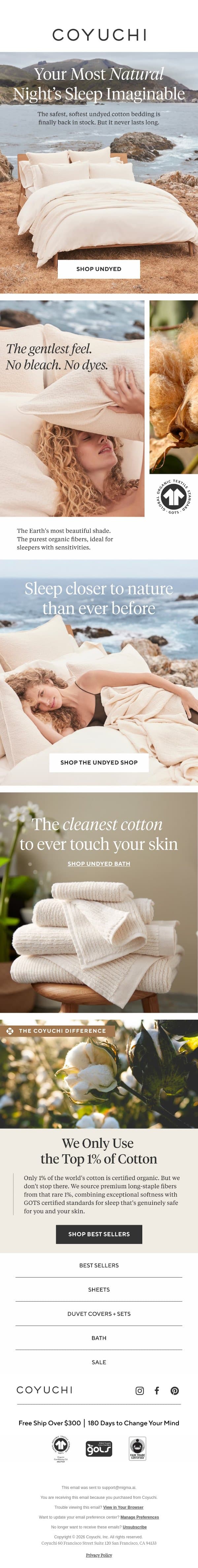 Just Restocked: Our Safest, Softest Cotton Bedding email from Coyuchi screenshot