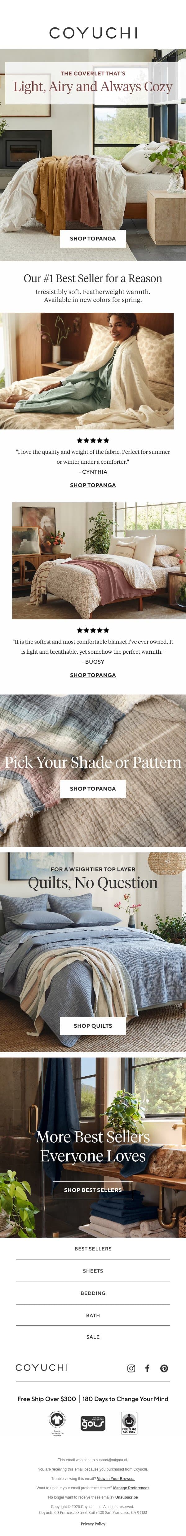 Our #1 Best-Selling Blanket for a Reason email from Coyuchi screenshot