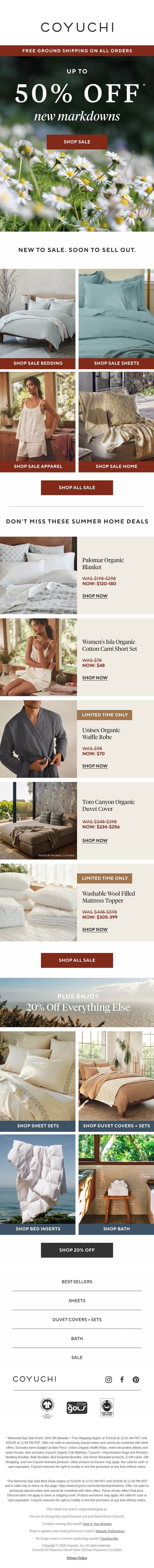 Up to 50% Off NEW Home Markdowns email from Coyuchi screenshot