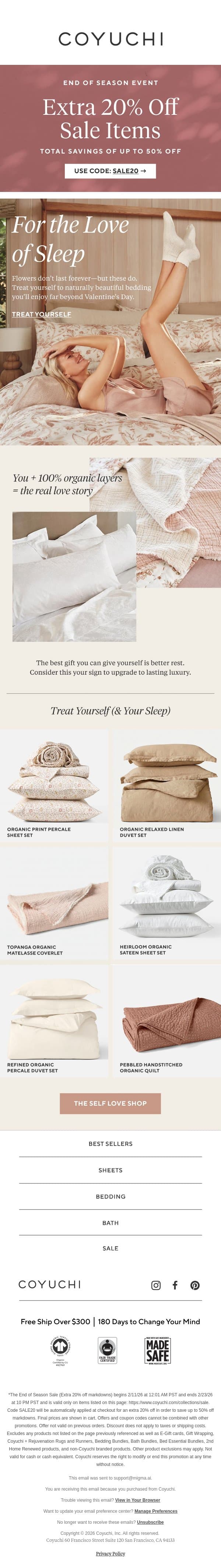 For Those Who Love Sleep (+ a Good Sale) email from Coyuchi screenshot