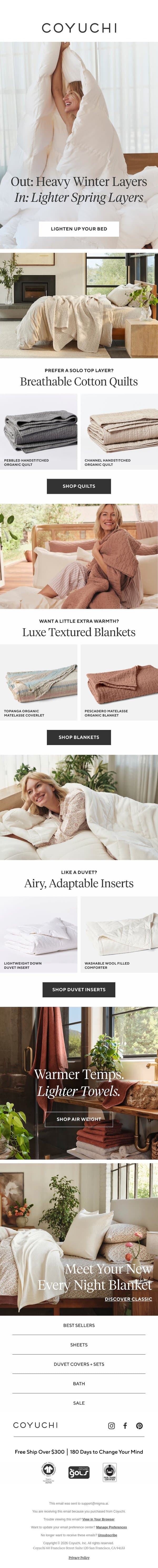 The Seasonal Swap Your Bed Needs email from Coyuchi screenshot