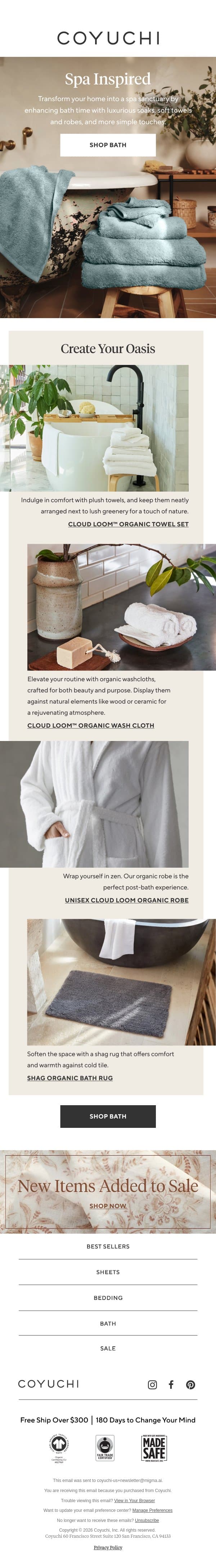 How to Create a Luxury Bath Experience email from Coyuchi screenshot